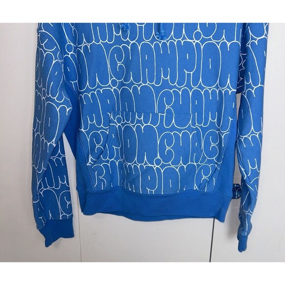 Champion Reverse Weave Hoodie Womens Sz M Blue Bubble Letter All Over Logo Y2K - Picture 5 of 8